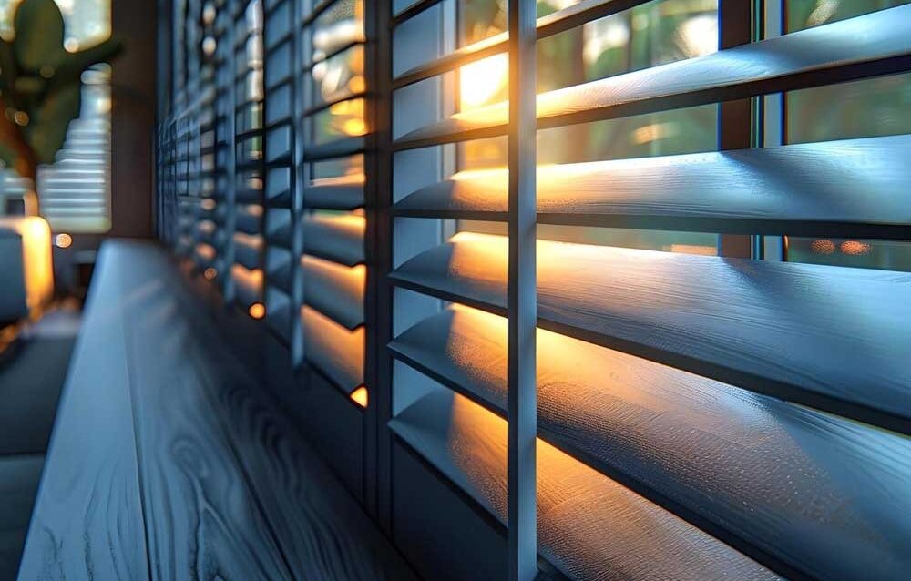 1 Custom plantation shutters with angled slats filtering warm sunlight into a modern interior space