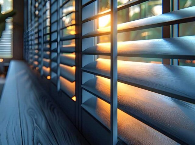 Custom plantation shutters with angled slats filtering warm sunlight into a modern interior space