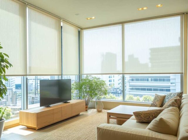 4 Smart motorised outdoor blinds installed on a modern patio for easy light and shade control.