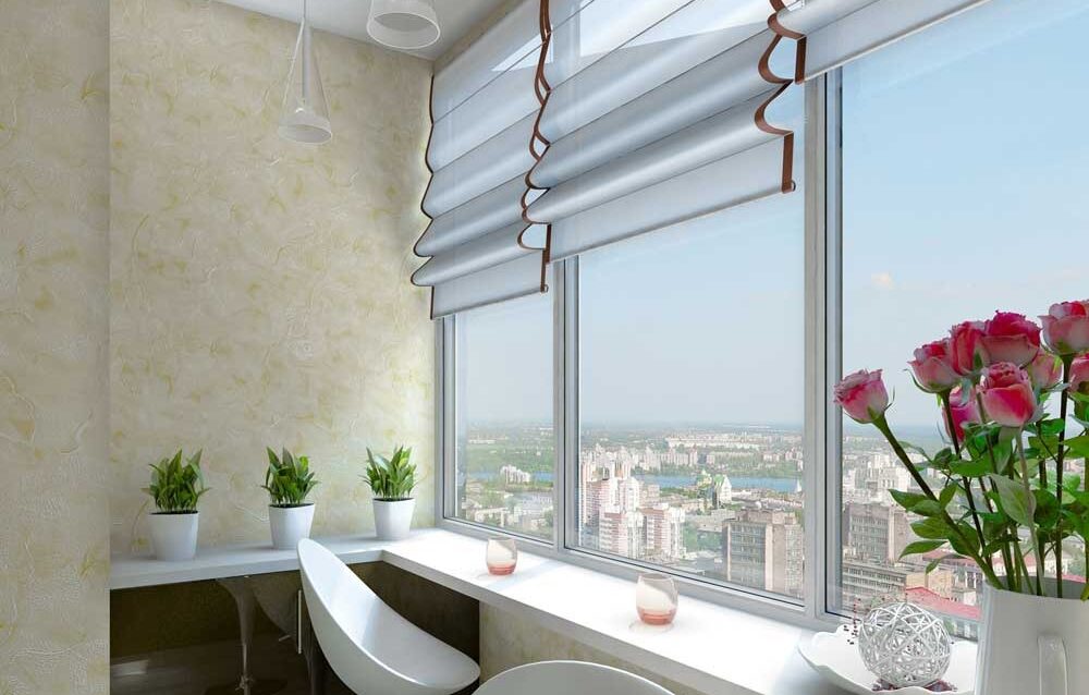 7565381a-2a7b-4e63-b5fa-b3a2abb8e345 Roman shades on large modern apartment windows with city view and indoor plants