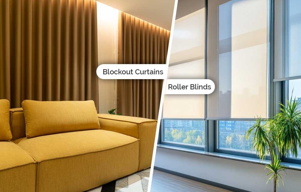 Blockout Curtains Perth vs Roller Blinds — Comparison Guide Blockout curtains Perth vs roller blinds comparison in a modern living room